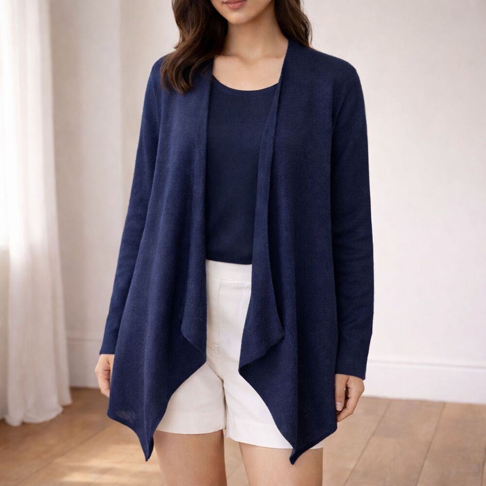 Eileen Fisher Lightweight Wool Waterfall Cadigan in Dark Navy Blue Size Medium